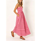 Chouyatou Women'S Striped Back Smocked Maxi Dress Sexy Spaghetti Strap Cut Out Flowy Swing Long Dress