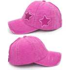 Initlove Ponytail Baseball Cap for Women Star High Messy Bun Caps Washed Cotton Distressed Hats Rose Red