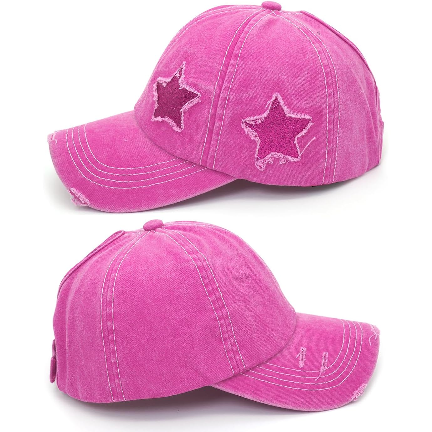 Initlove Ponytail Baseball Cap for Women Star High Messy Bun Caps Washed Cotton Distressed Hats Rose Red