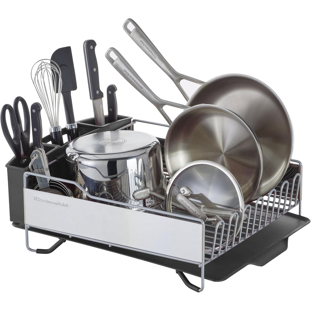 KitchenAid Large Capacity Full Size Rust Resistant Dish Rack with Angled Drain Board and Removable Flatware Caddy, Light Grey