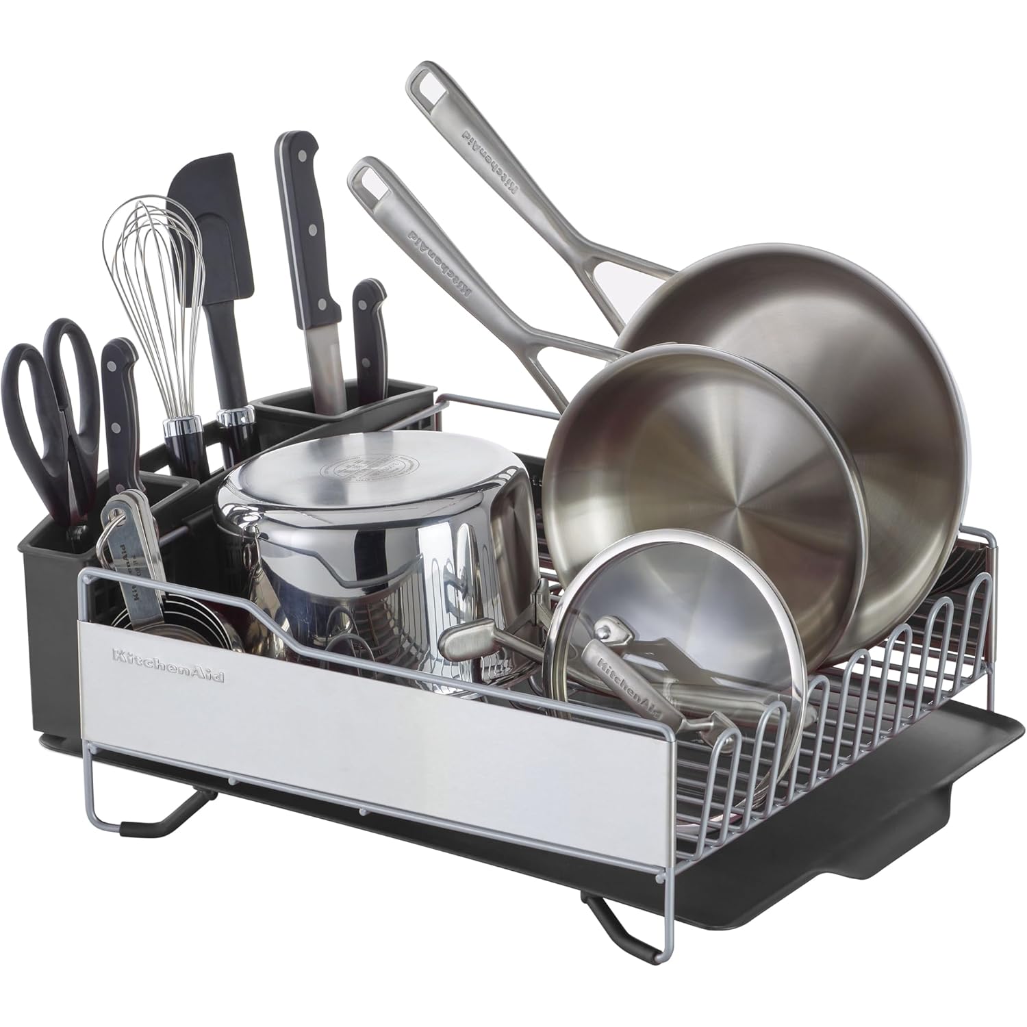 KitchenAid Large Capacity Full Size Rust Resistant Dish Rack with Angled Drain Board and Removable Flatware Caddy, Light Grey