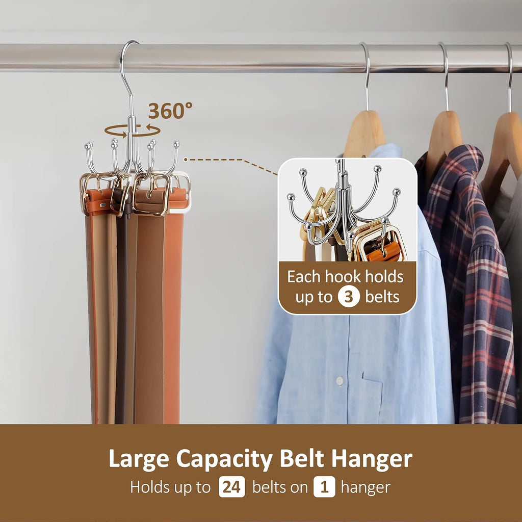 Belt Organizer For Closet, Heavy-Duty Rotating Belt Hanger Tie Rack Holds Up To 24 Belts, Hanging Space Saving Metal Belt Holder For Closet Storage