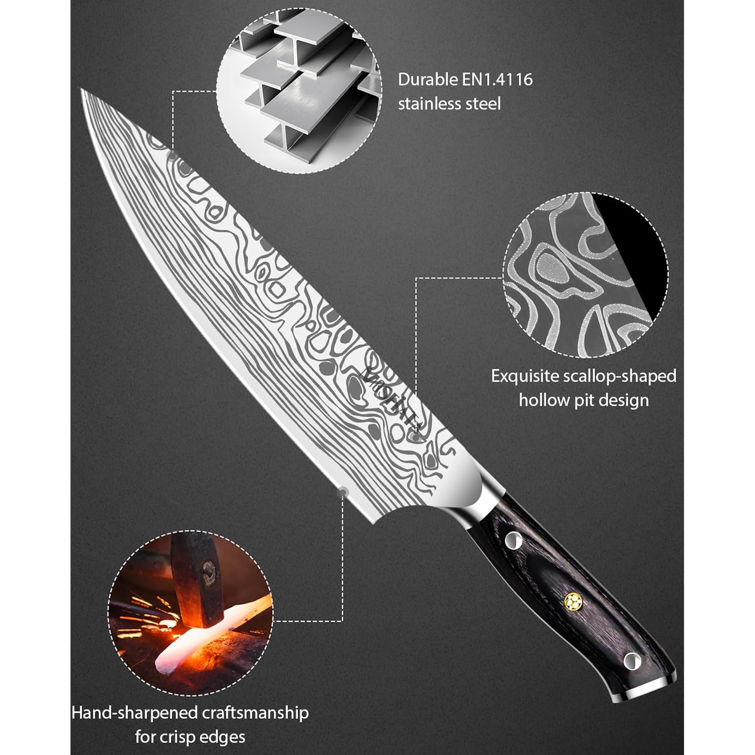MOSFiATA 8" Super Sharp Professional Chef's Knife with Finger Guard and Knife Sharpener, German High Carbon Stainless Steel EN1.4116 with Micarta Handle and Gift Box