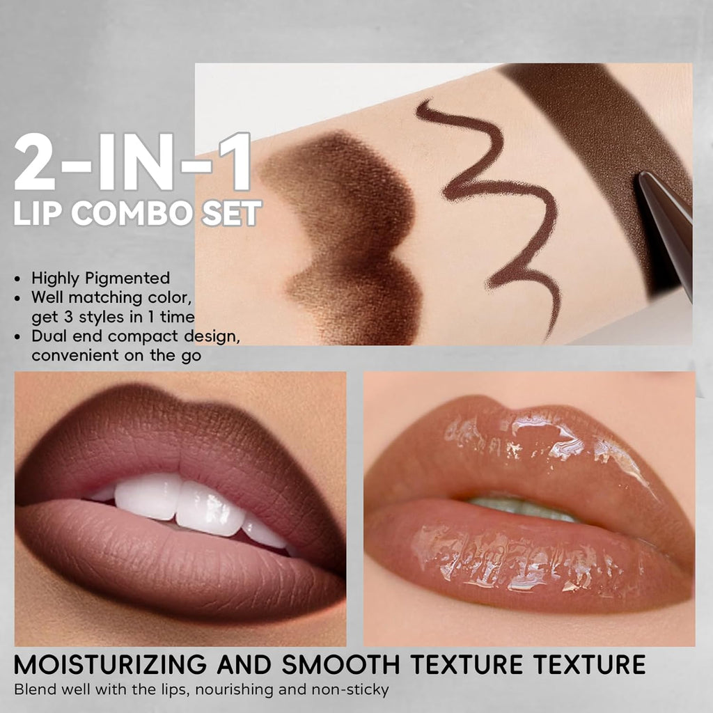 HOSAILY 2 in 1 Lip Combo Sets, Dark Brown Natural Lips Liner and Liquid Lipstick Combo Moisturizing Nude Glossy Gloss Lip Kit, Plumping Lightweight Lips Pencil with High Shine Tinted Gloss Set01