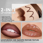 HOSAILY 2 in 1 Lip Combo Sets, Dark Brown Natural Lips Liner and Liquid Lipstick Combo Moisturizing Nude Glossy Gloss Lip Kit, Plumping Lightweight Lips Pencil with High Shine Tinted Gloss Set01