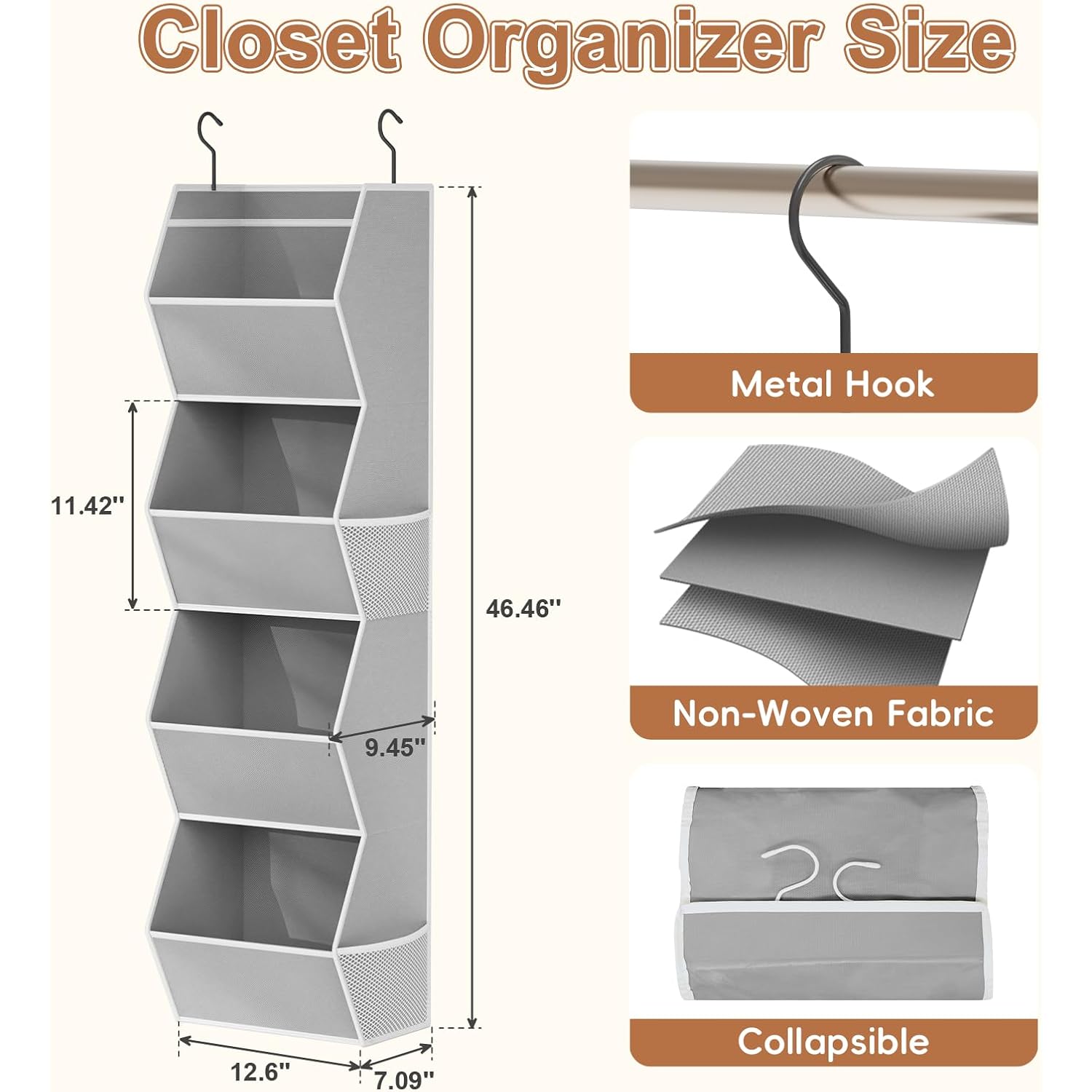 Hanging Closet Organizer 4 Shelf Collapsible Bedroom Closet Organizers And Storage Hanging With Mesh Pockets For Clothes, Fabric Hanging Storage Bins For Wardrobe Closet Organization And Storage, Grey