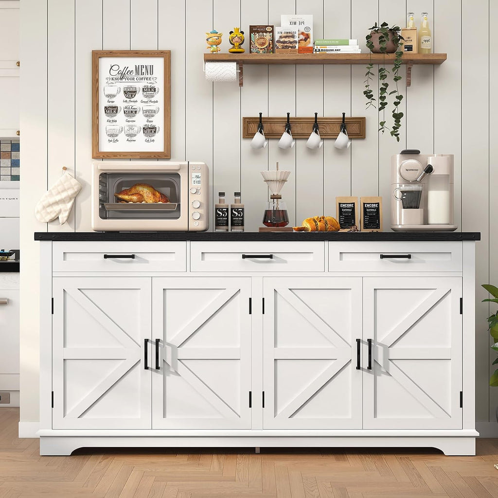 Usikey Large Sideboard Buffet Cabinet With 4 Doors And 3 Drawers, Farmhouse Buffet Table, Dining Room Storage Cabinet For Kitchen Or Living Room, White