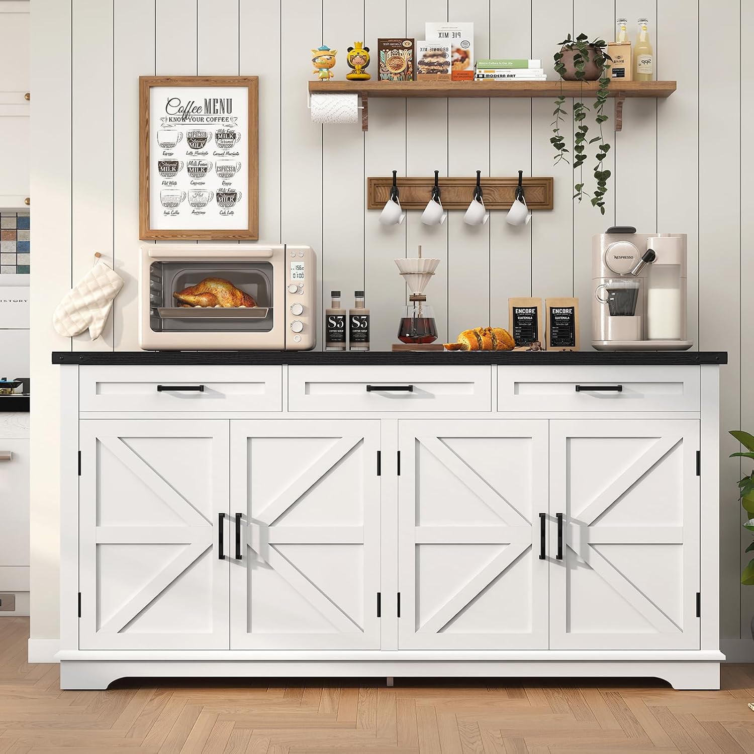 Usikey Large Sideboard Buffet Cabinet With 4 Doors And 3 Drawers, Farmhouse Buffet Table, Dining Room Storage Cabinet For Kitchen Or Living Room, White