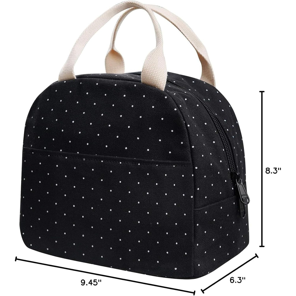 Eurcross Upgraded Compact Black Lunch Bag For Girls Women,Canvas Reusable Insulated Polka Dot Lunch Tote Box Bag For Work School