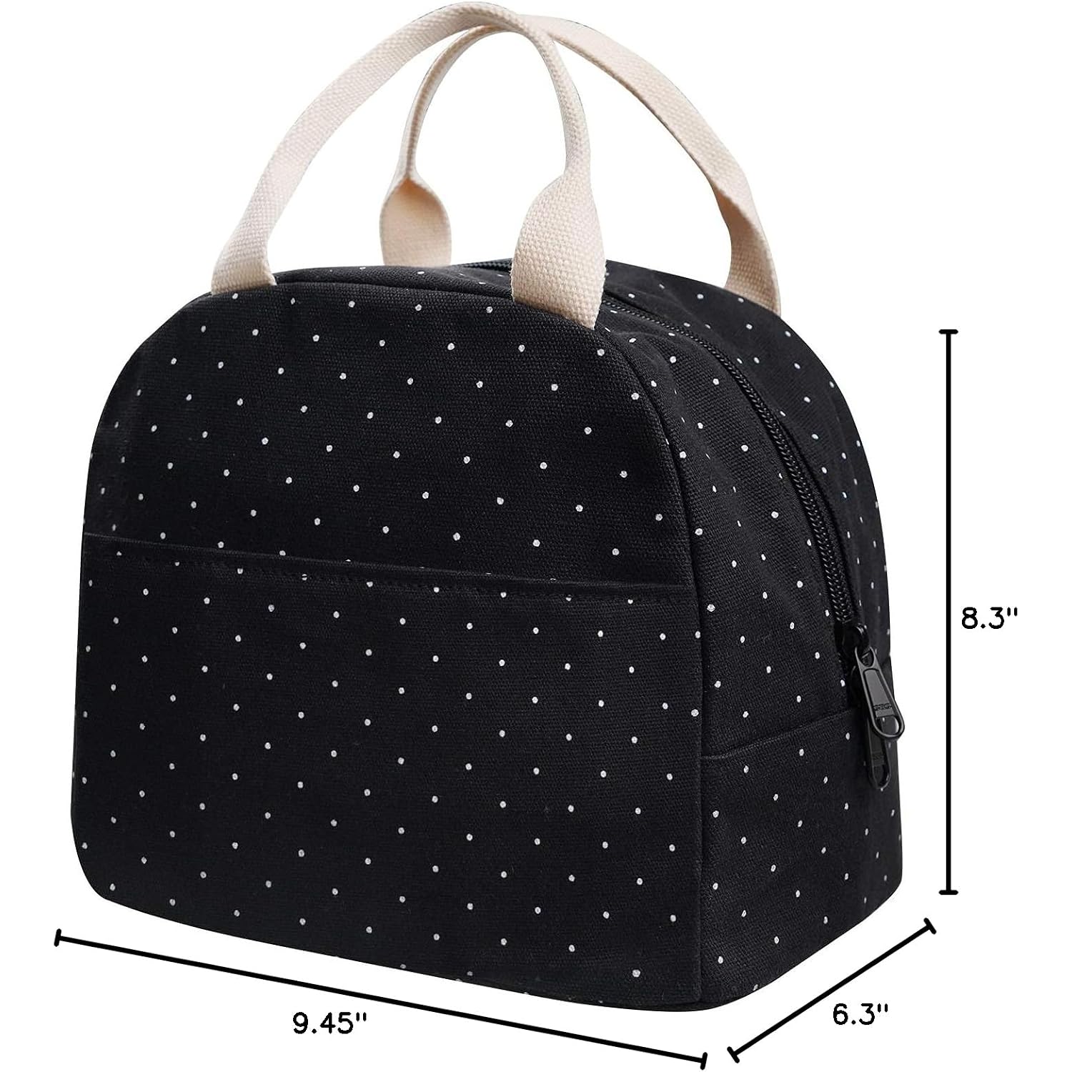 Eurcross Upgraded Compact Black Lunch Bag For Girls Women,Canvas Reusable Insulated Polka Dot Lunch Tote Box Bag For Work School