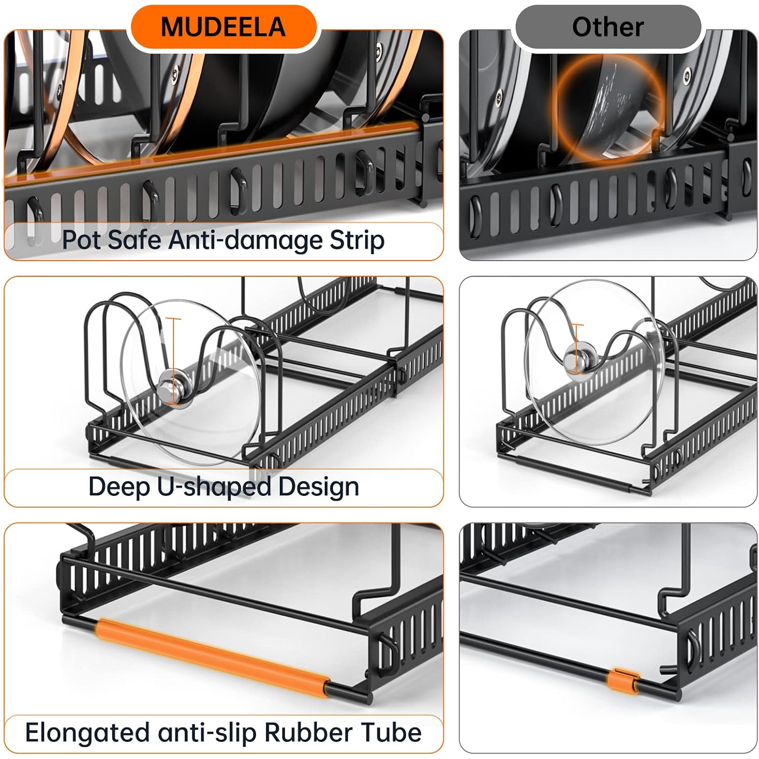 Mudeela Pots And Pans Organizer Rack For Under Cabinet, Expandable 11.81''-22.85'' Pot Lid Kitchen Cabinet Organizer Holder With 10 Adjustable Compartment Cutting Board Organizer For Pan Lid, Bakeware
