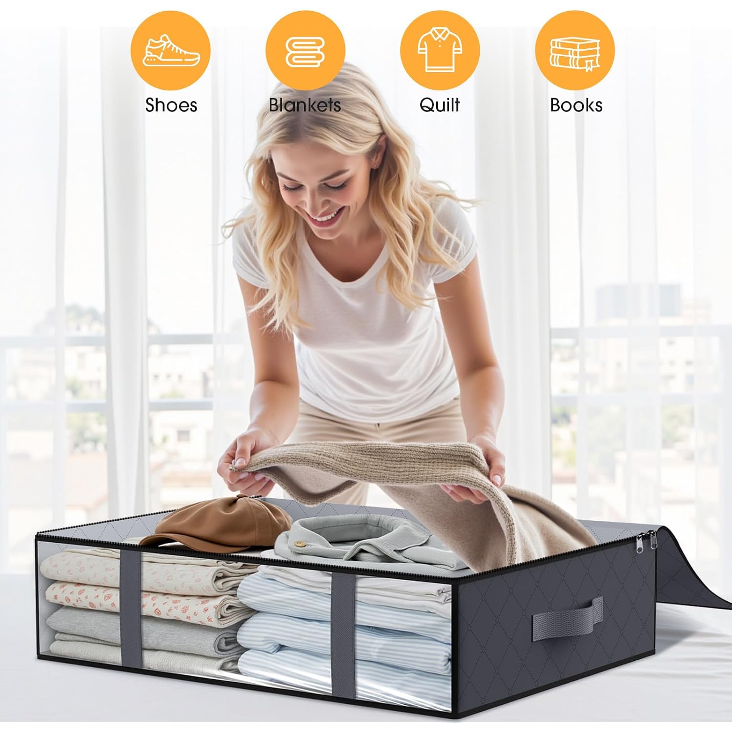 Under Bed Storage Bags 3 Pack, 40L Large Clothes & Comforter Storage Containers With Clear Window, Breathable Fabric Organizer For Blankets, Bedding, Seasonal Clothing