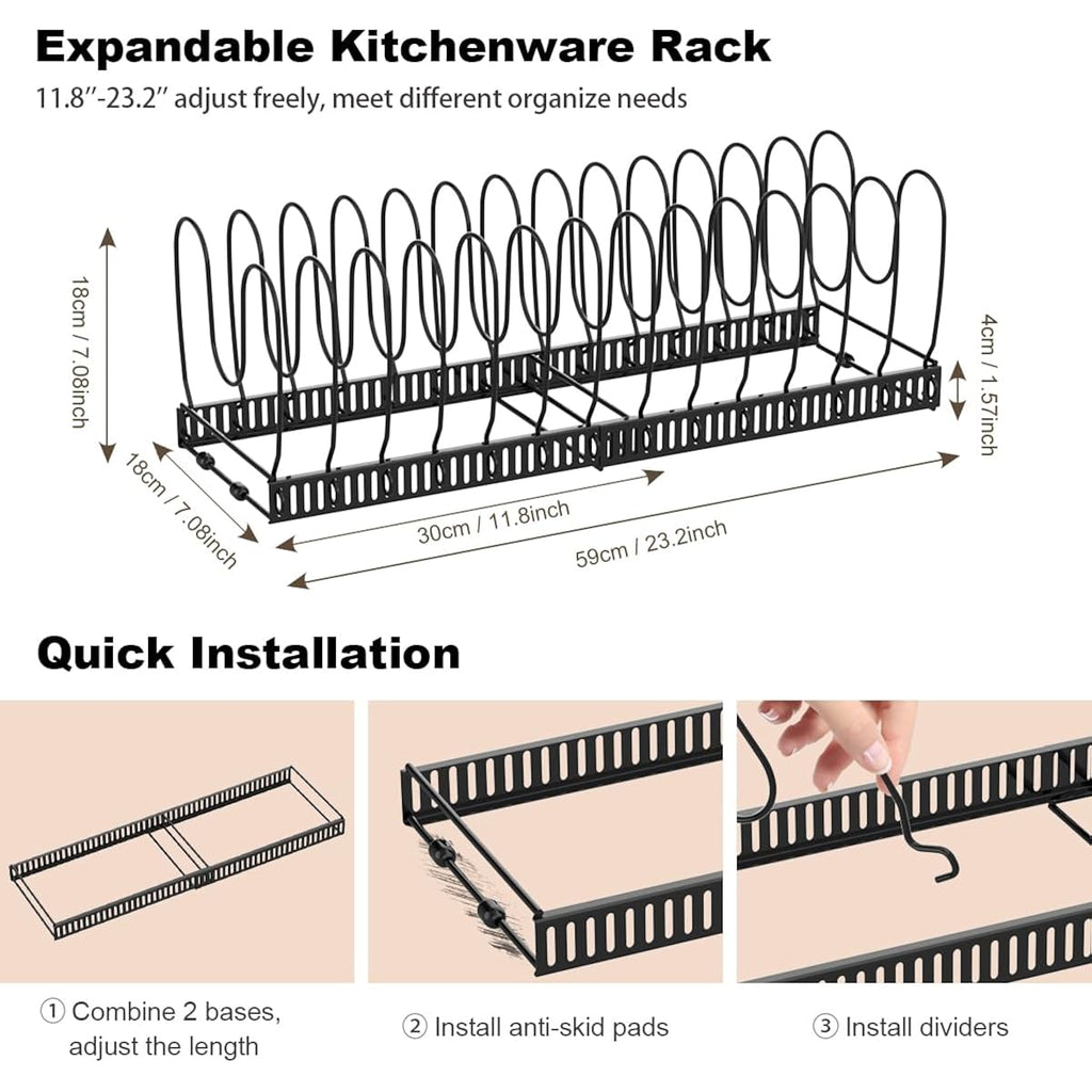 Housolution Pot And Pan Organizer Rack For Cabinet, Expandable Pot Lid Organizer Holder With 14 Adjustable Dividers, Fully Expanded Size 22.83" W X 7.09" D X 7.09" H, Black