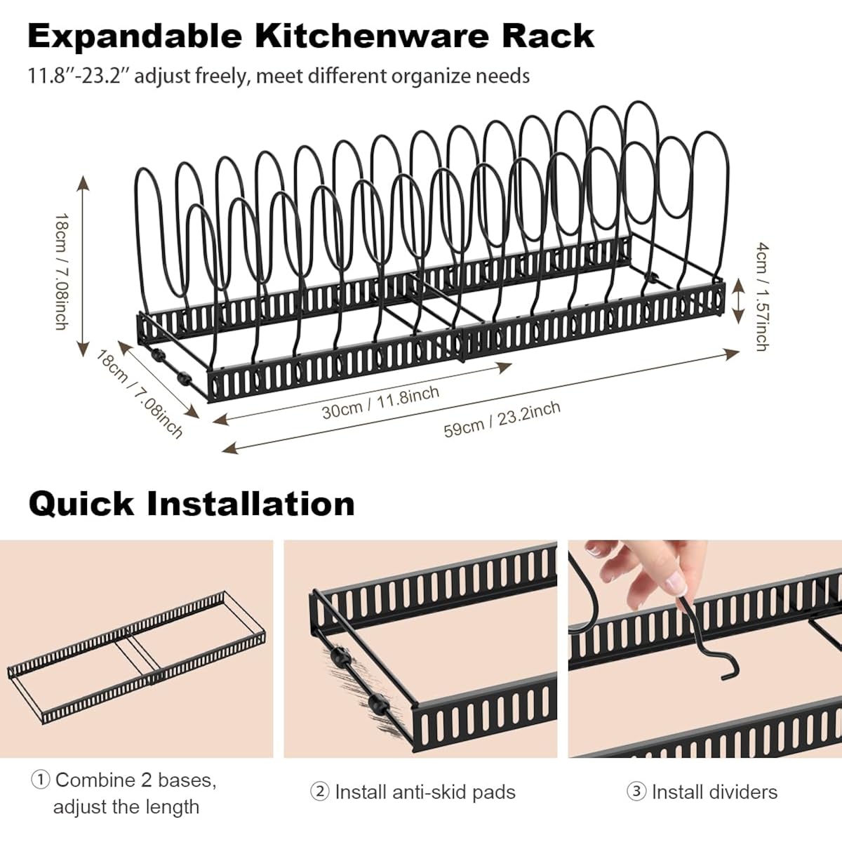 Housolution Pot And Pan Organizer Rack For Cabinet, Expandable Pot Lid Organizer Holder With 14 Adjustable Dividers, Fully Expanded Size 22.83" W X 7.09" D X 7.09" H, Black
