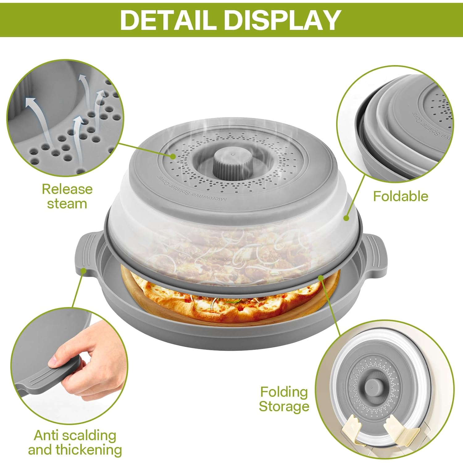 Microwave Splatter Cover for Food with Anti-scald Base Plate,Large BPA-Free Silicone Vented Avoid Scalding Collapsible Guard Lid,Kitchen Essential Gadgets for Meal Prep-10.7 Inch (gray)