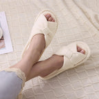 Evshine Summer House Slippers For Women Corduroy Cross Bow Indoor Slippers Open Toe Slip On Bedroom Shoes With Memory Foam