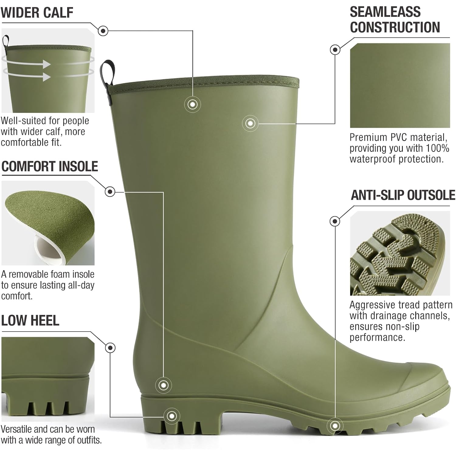 Hisea Women Rubber Boots Wide Calf Rain Boots Matte Surface Waterproof Pvc Rubber Rain Boot Mid Height Rain Shoes For Outdoor Gardening Work Walking