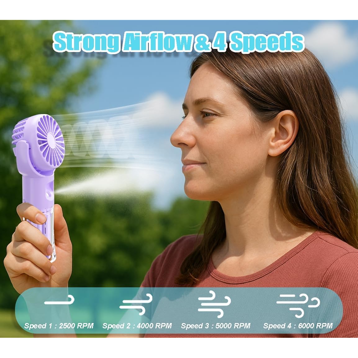 Handheld Misting Fan，Rechargeable Battery Operated ，Portable 4 Speeds & 55Ml 360° Swiveling Personal Fan For Travel Camping Outdoor (Purple)