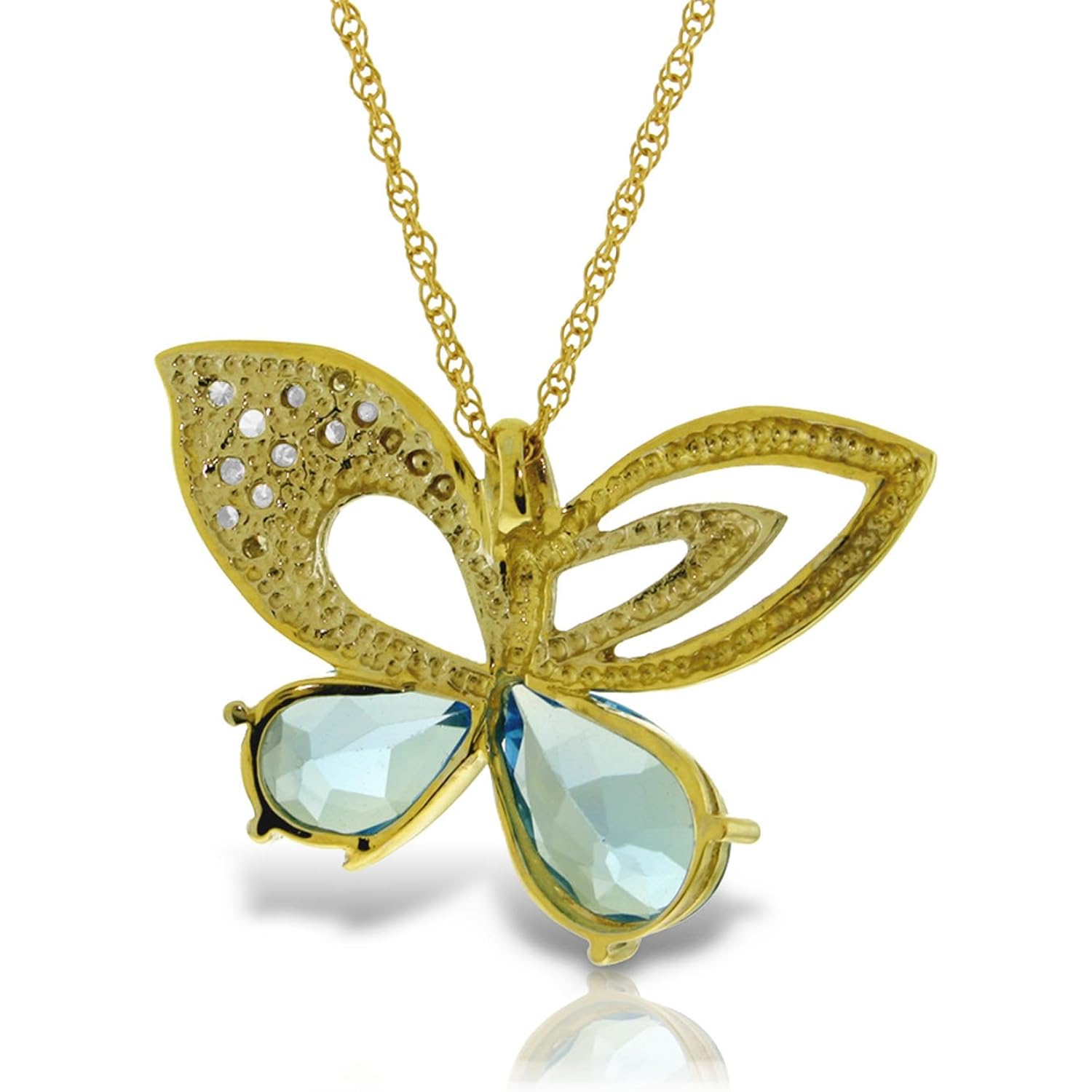 Galaxy Gold GG 4.18 CT. 14k Yellow Gold Butterfly Necklace with Natural Diamonds and Blue Topaz