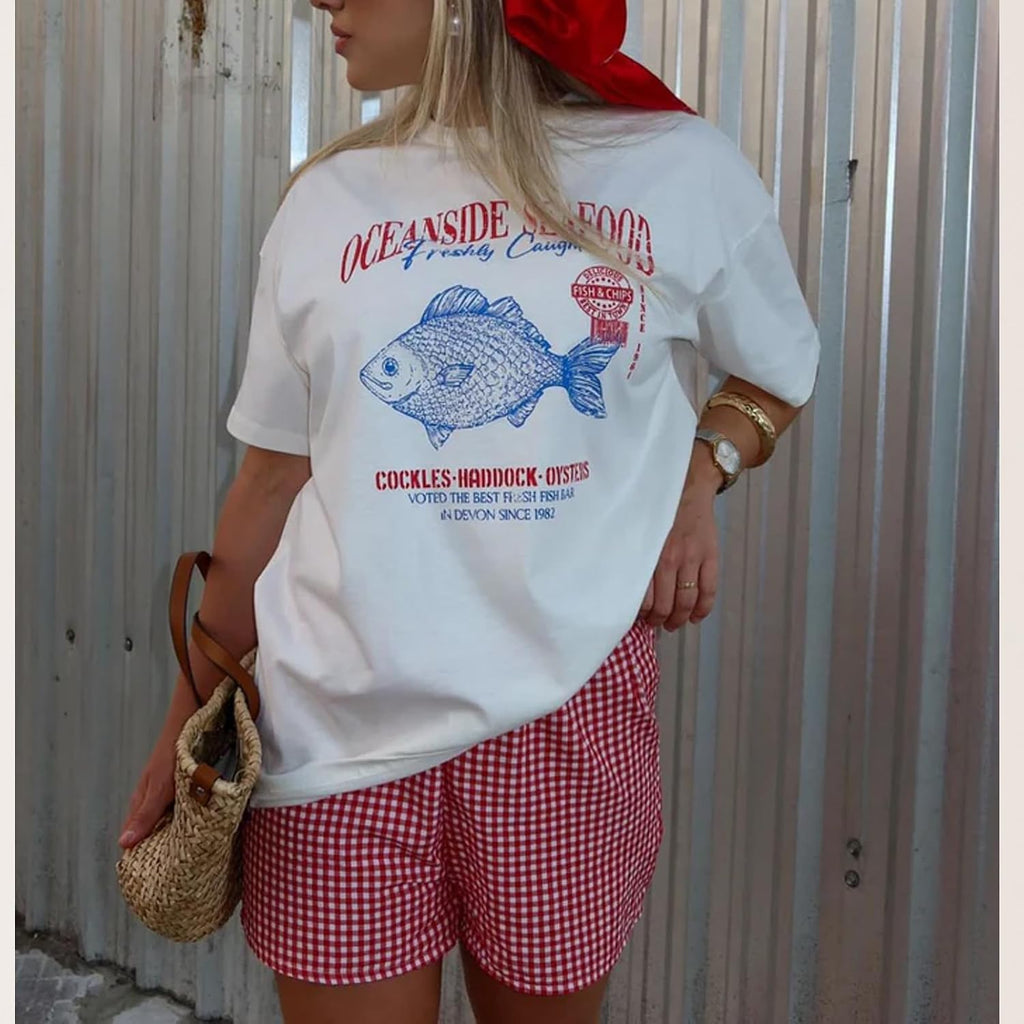 Womens Y2k Fruit Graphic Print Oversized T Shirts Summer Vintage Aesthetic Baggy Tees Tops Teen Girl Clothes Fish White