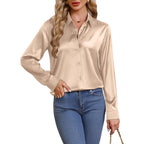 Womens Button Down Shirts Long Sleeve Tops Silk Satin Blouses Business Casual Fashion Outfit