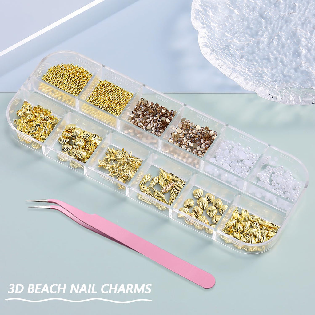 Summer Nail Charms, 3D Beach Nail Charms Metal Starfish Seashell Tropical Ocean Nail Art Decorations, Gold Beads and Pearls Rhinestones with Tweezers for Manicure, concha nacar para uñas