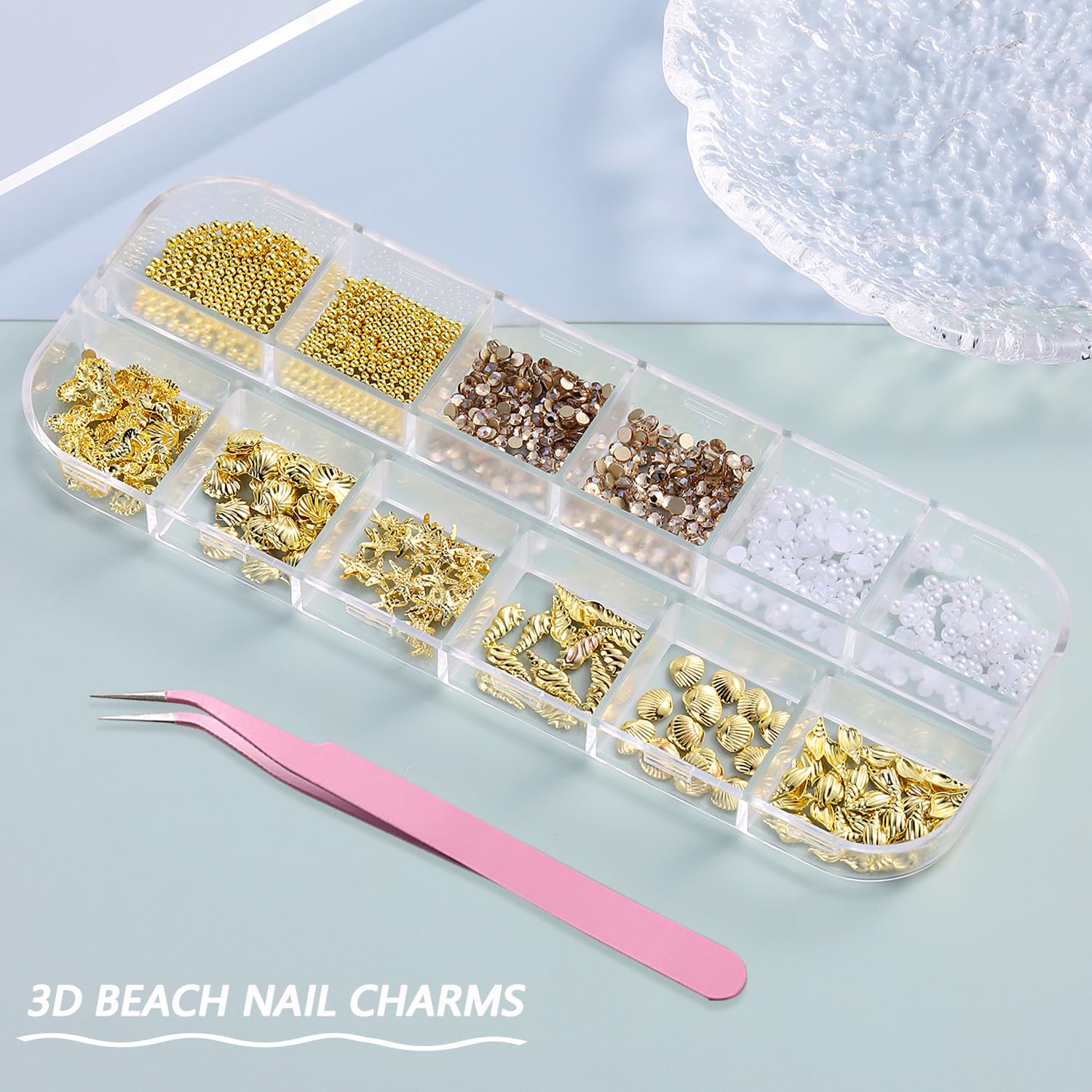 Summer Nail Charms, 3D Beach Nail Charms Metal Starfish Seashell Tropical Ocean Nail Art Decorations, Gold Beads and Pearls Rhinestones with Tweezers for Manicure, concha nacar para uñas