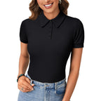 Womens Polo Shirts Short Sleeve Business Casual V Neck Collared Button Fitted Tops