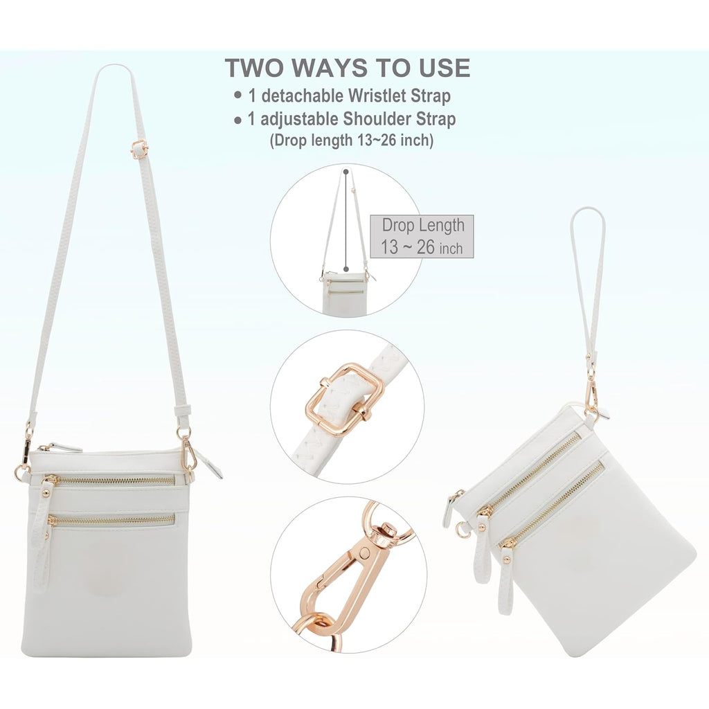 Solene Small Crossbody Bag for Women, Multi Zip Pockets with Detachable Wristlet, Lightweight Travel Purse, Cell Phone Pouch
