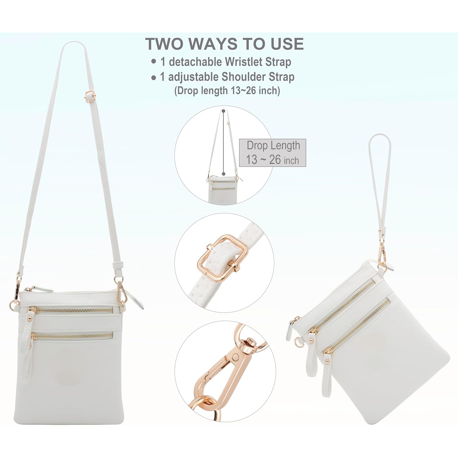 Solene Small Crossbody Bag for Women, Multi Zip Pockets with Detachable Wristlet, Lightweight Travel Purse, Cell Phone Pouch