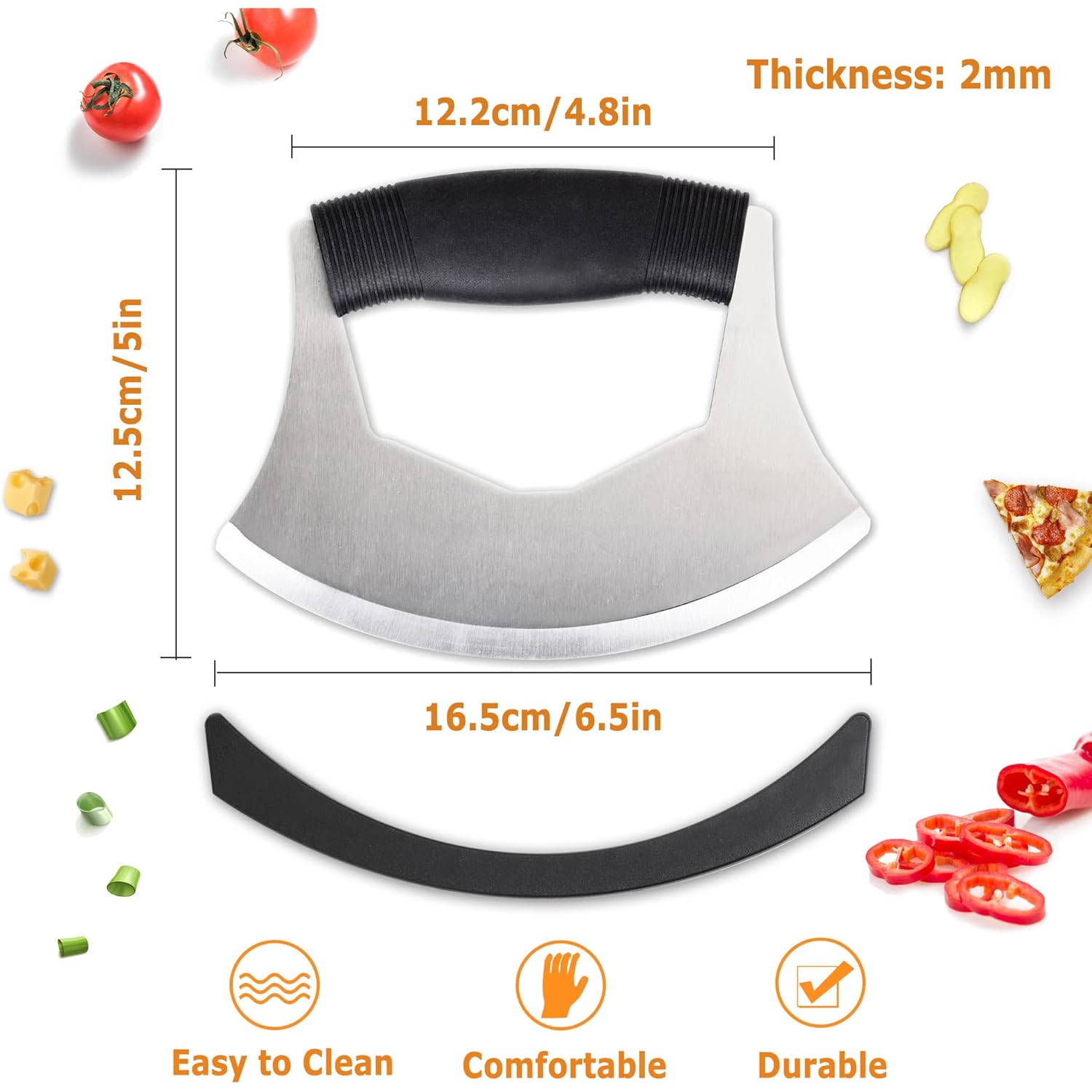 Salad Chopper Mezzaluna Knife with Protective Cover and Anti-Slip Handle - Stainless Steel Vegetable Cutter, Onion Chopper, Pizza Cutter