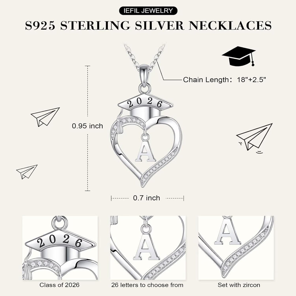 Iefil 2026 Graduation Gifts for Women Her - 925 Sterling Silver Heart Initial Letter Necklace, 2026 College Graduation Gifts for Women Her