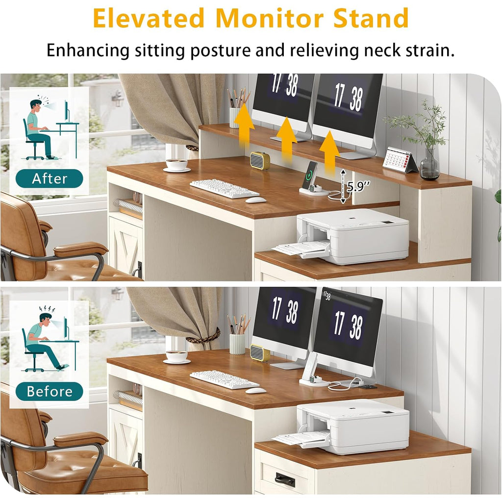 Tvu Farmhouse Computer Desk With Drawers, 65'' Home Office Desk With Power Outlets, Storage Cabinet And Printer Stand, Study Writing Desks With Long Monitor Stand, Brown And White