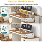 Tvu Farmhouse Computer Desk With Drawers, 65'' Home Office Desk With Power Outlets, Storage Cabinet And Printer Stand, Study Writing Desks With Long Monitor Stand, Brown And White