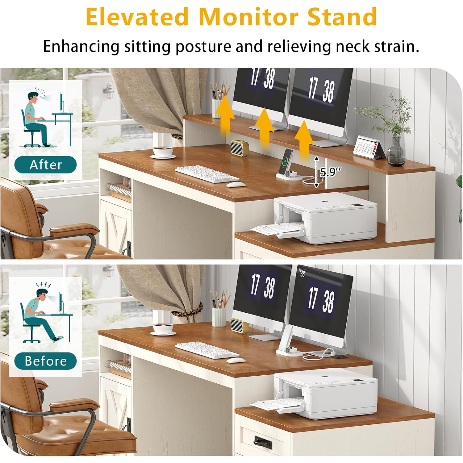 Tvu Farmhouse Computer Desk With Drawers, 65'' Home Office Desk With Power Outlets, Storage Cabinet And Printer Stand, Study Writing Desks With Long Monitor Stand, Brown And White
