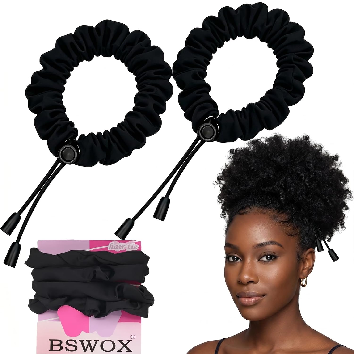 2 Pcs Adjust Satin Hair Tie, Satin Scrunchies For Women Girls, Adjustable Hair Ties For 4C Girlie Thick Curly Natural Hair, No Damage Hair Accessories For Afro Puff Loc Ponytails (Black)
