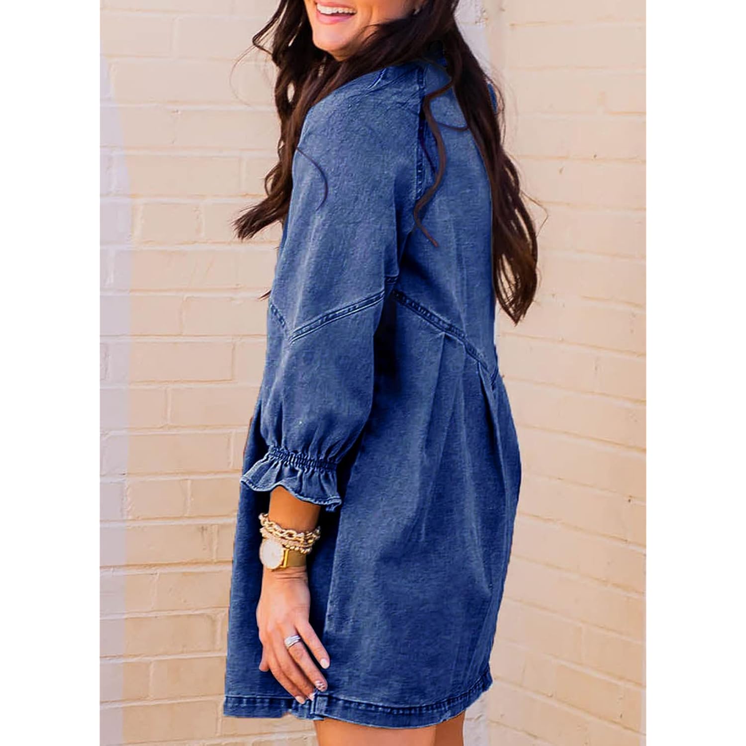 Sidefeel Womens Smocked 3 4 Sleeve Button Down Denim Jeans Dresses