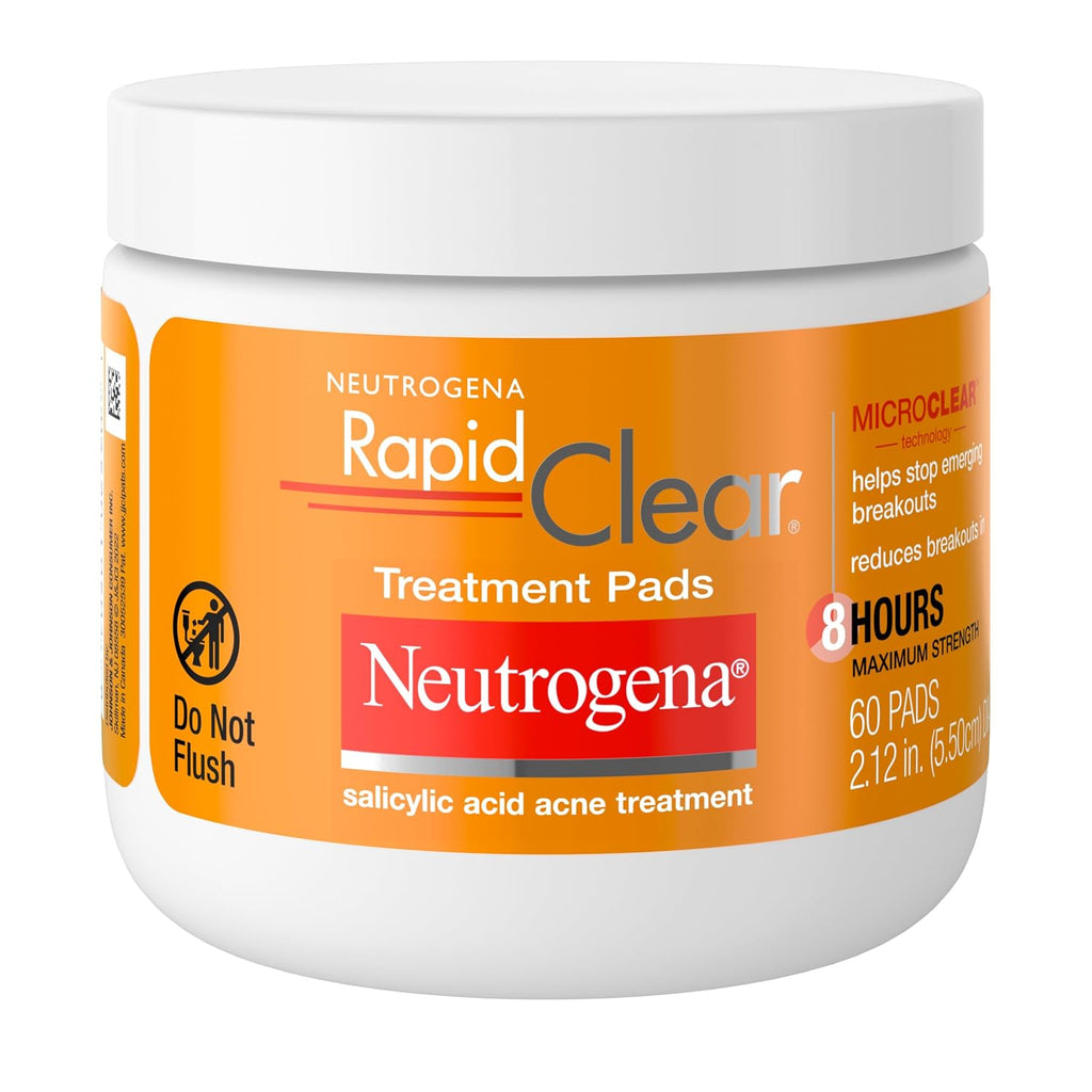 Neutrogena Rapid Clear Acne Treatment Pads With Salicylic Acid Facial Cleanser For Face Cleansing And Oil Removal, Helps Fight Pimples, 60 Count, Resealable Jar