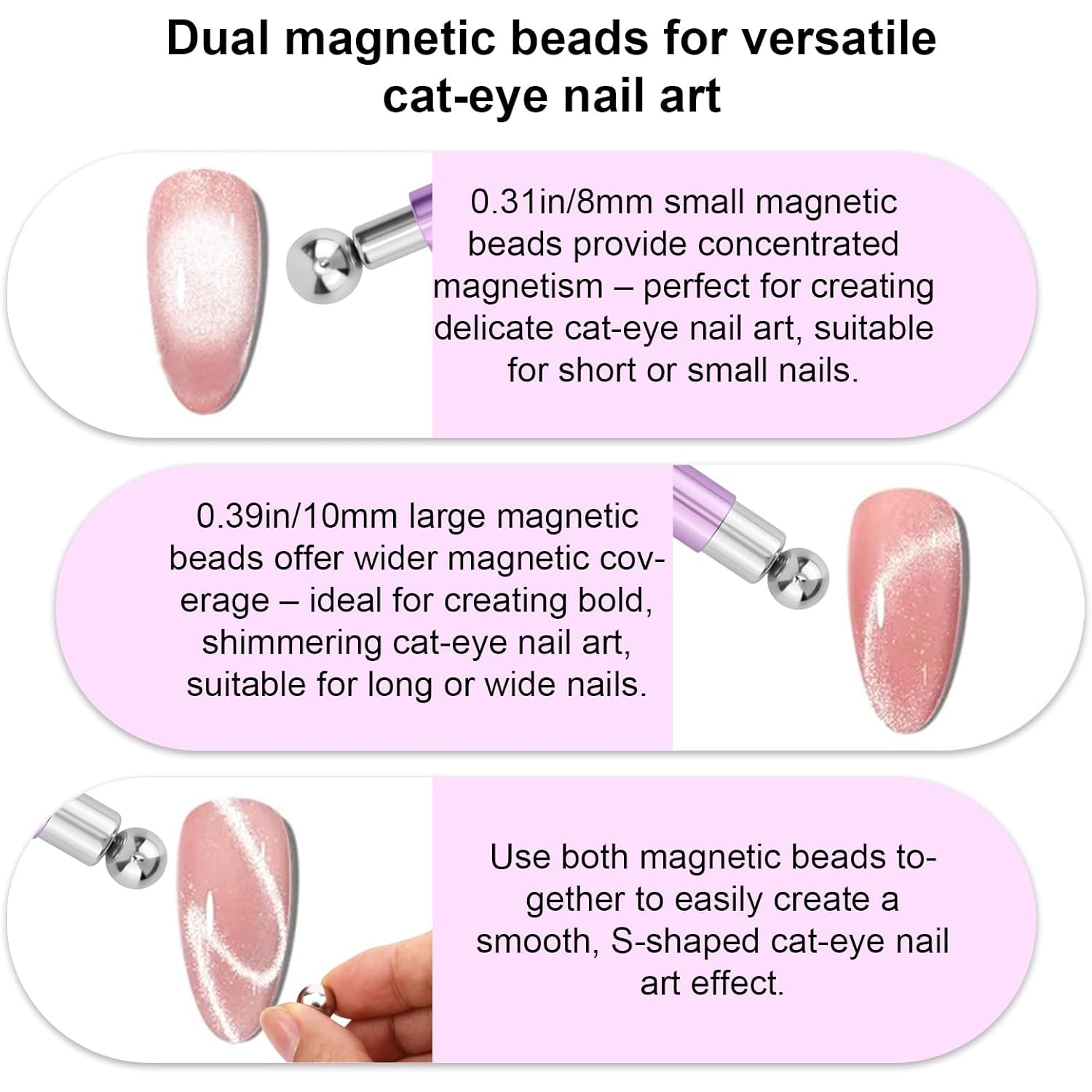 Double-Ended Cat Eye Magnet, Multifunctional Dual Head Nail Magnet Design Tool Stick with 8mm & 10mm Round Magnetic Beads for Cateye Gel Polish for DIY Art at Salon or Home