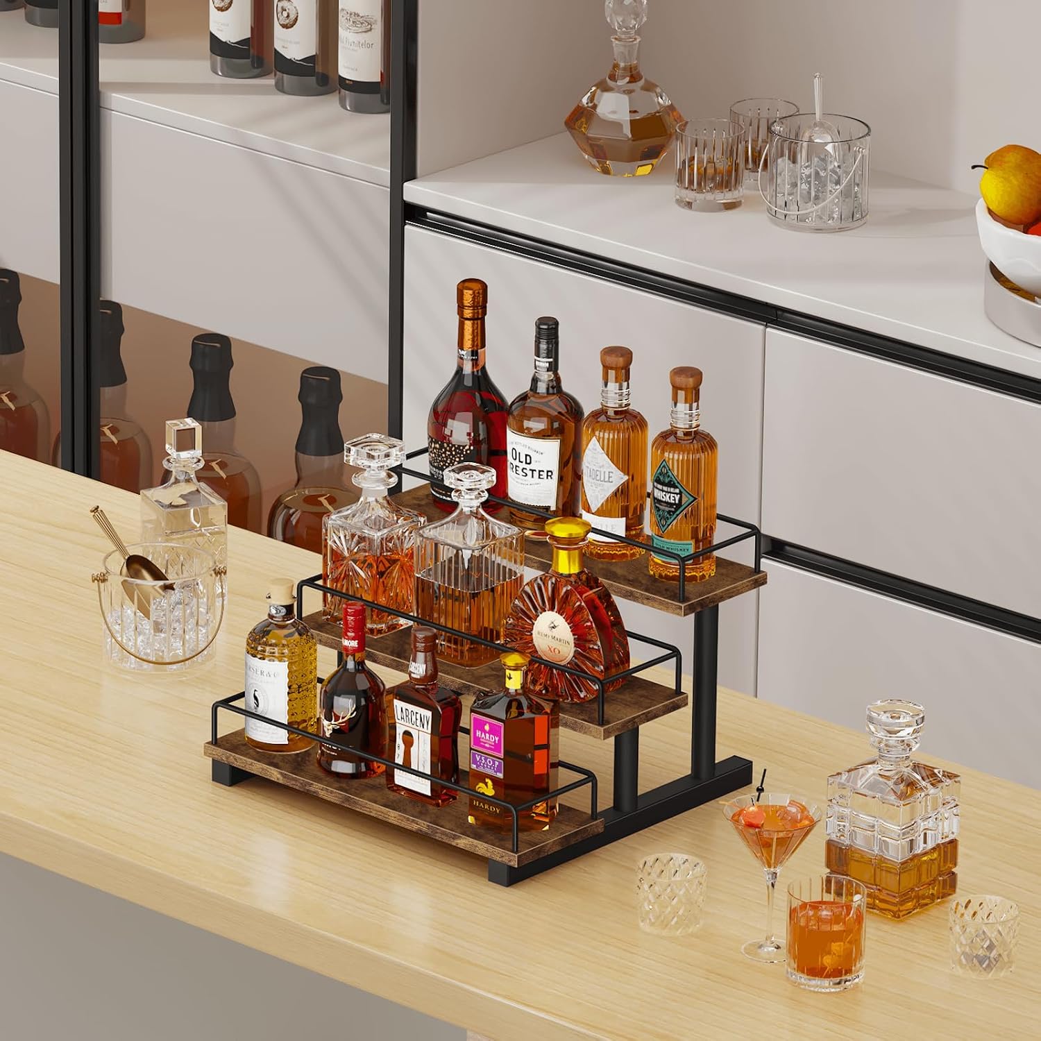 Liquor Bottle Display Shelf, Coffee Syrup Rack Organizer, 3 Tier Wine Rack Countertop, Home Retro Bar Shelf Stand Holder For Liquor Whiskey Spirits, Mini Bar, Liquor Cabinet, Rustic Brown