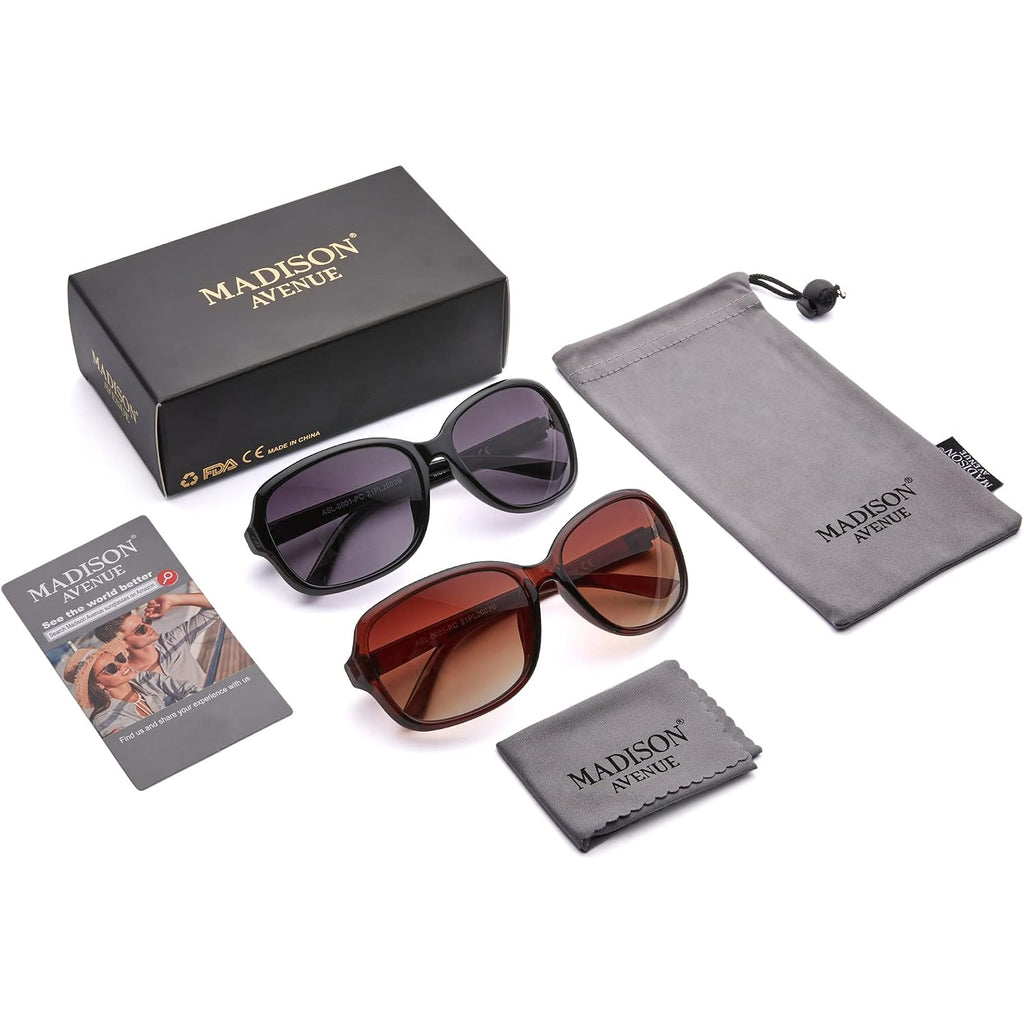 Madison Avenue 2 Pack Classic Vintage Sunglasses for Women, Fashion Sun Glasses with UV400 Protection 2pack-black/Brown