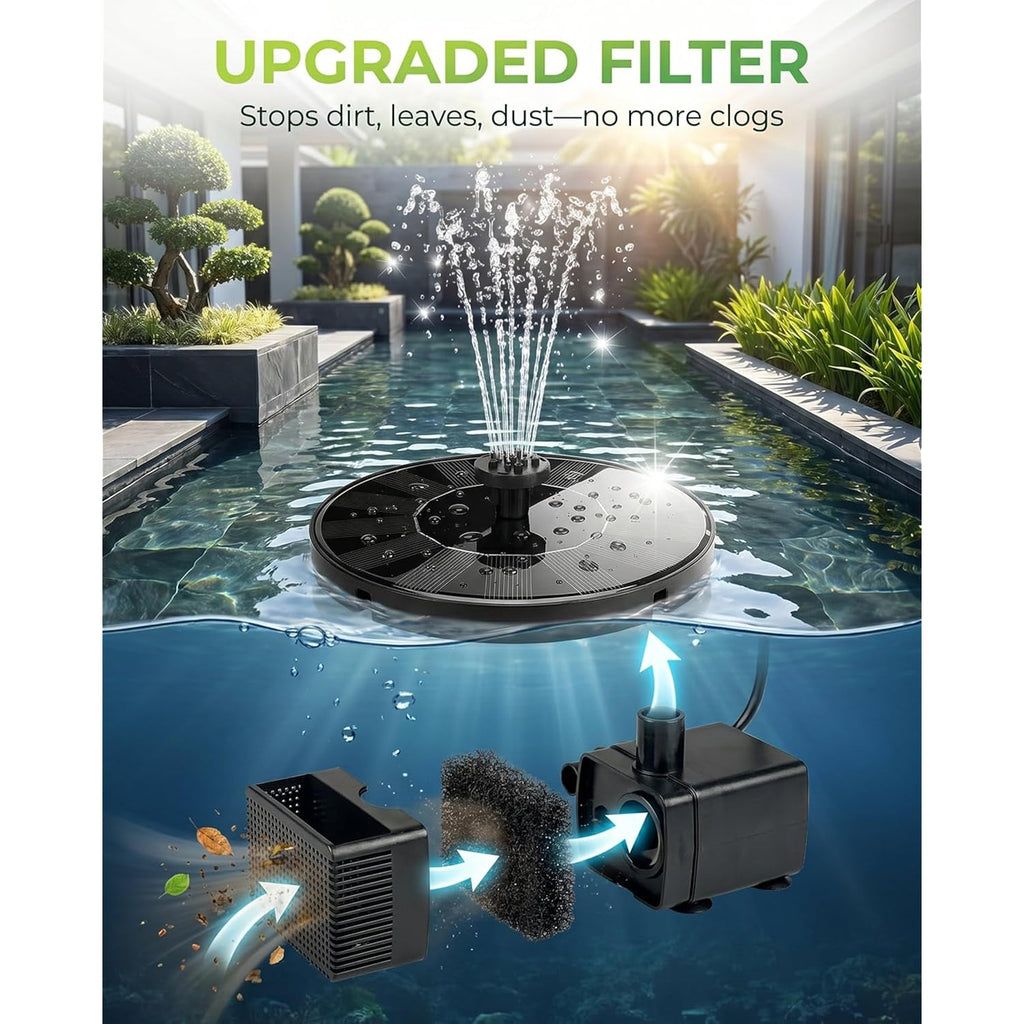 Solar Fountain For Bird Bath, 2026 Upgrade 1.4W Solar Water Fountain Pump With 7 Nozzles, 4 Fixed Pipes, Outdoor Standing Floating Solar Fountain For Garden, Ponds, Pool, Fish Tank, 6.3 Inch