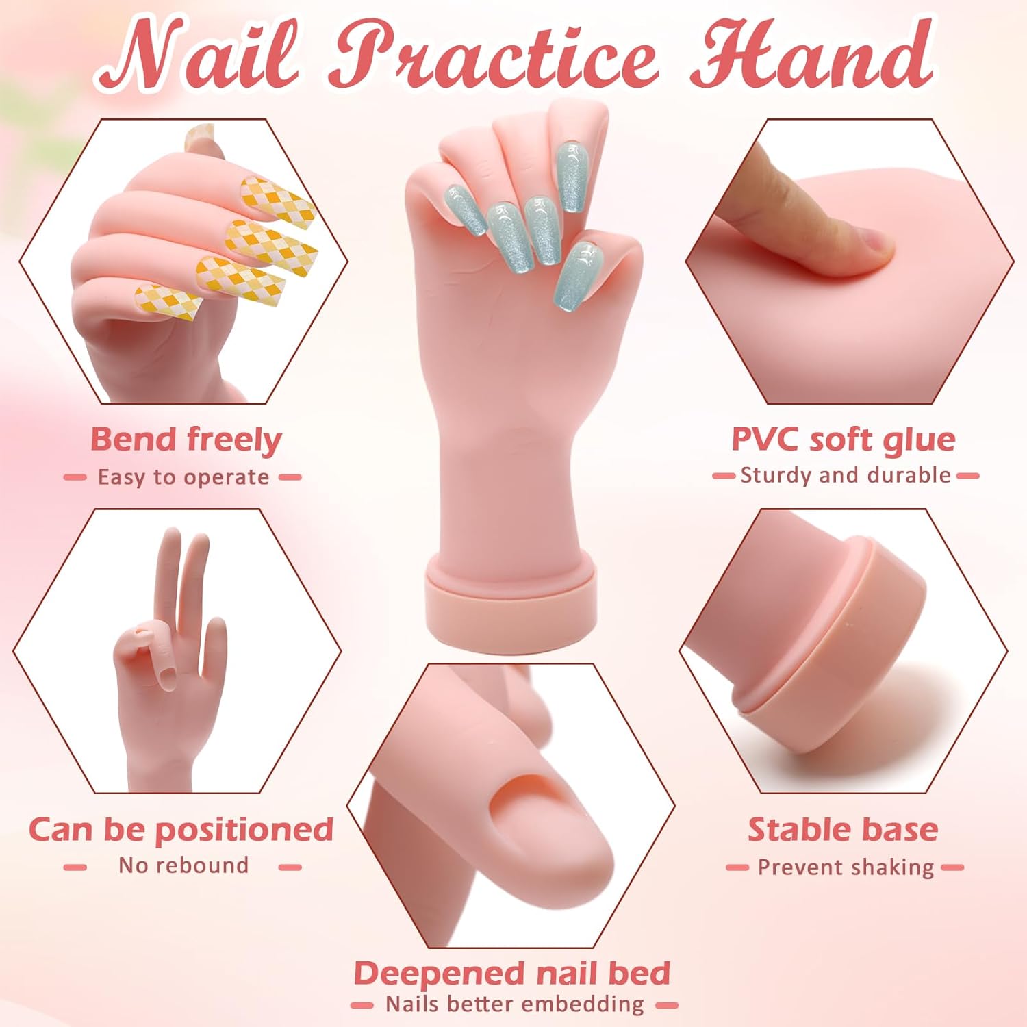 Practice Hand for Acrylic Nails, Flexible Bendable Nail Practice Hand for Beginners with 100 PCS Nail Tips & 192 PCS Jelly Glues, Silicone Manicure Training kit for Nail Art