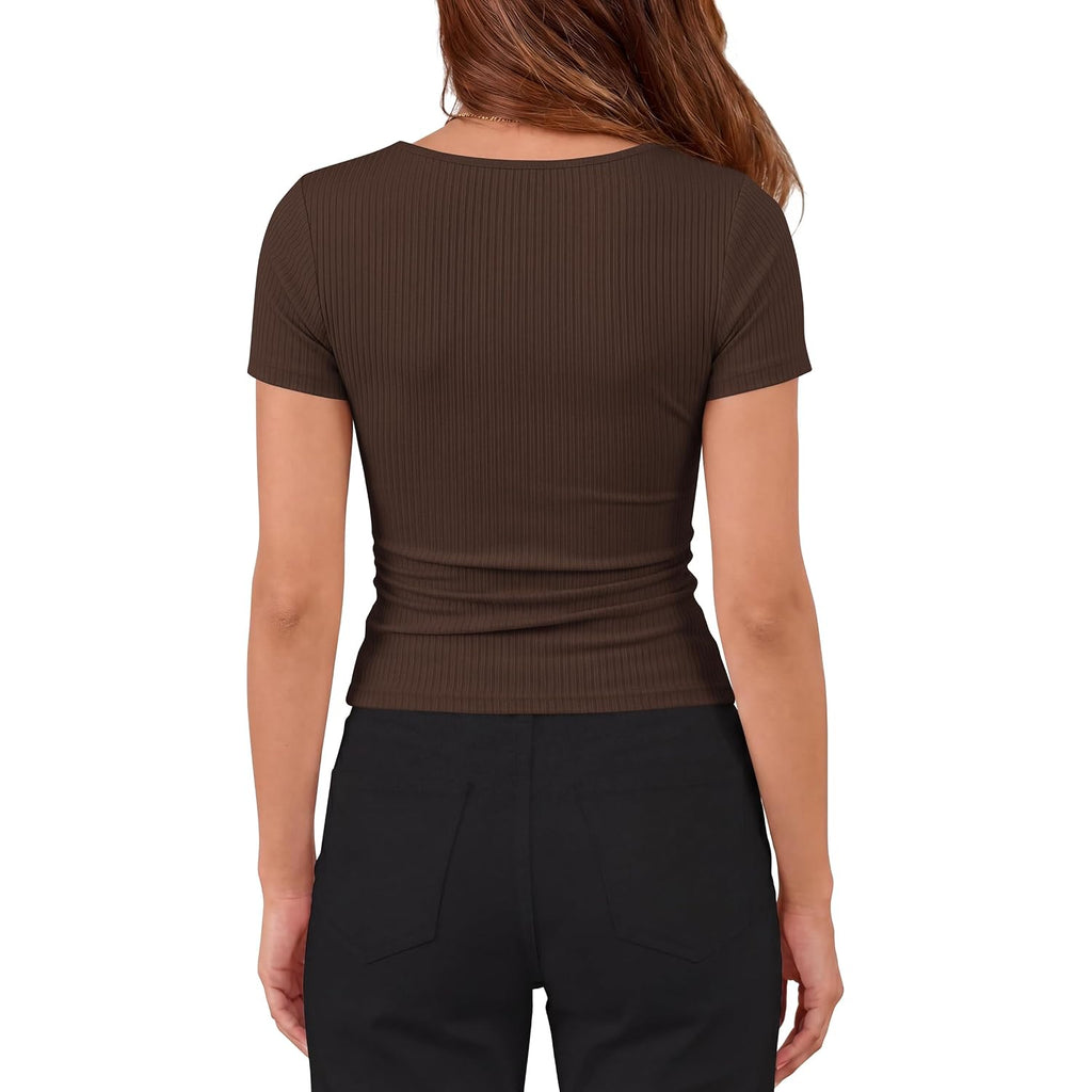 Prettygarden Womens Summer Tops 2026 Cute Cowl Neck Short Sleeve T-Shirts Ribbed Knit Fitted Spring Ruched Crop Top