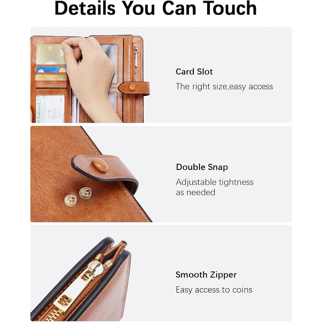BOSTANTEN Leather Wallets RFID Blocking Large Capacity Trifold Card Holder Ladies Phone Clutch Brown