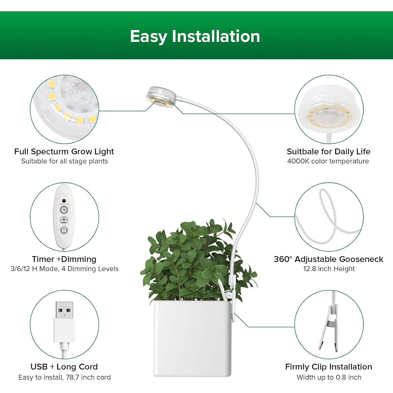 Sansi Grow Lights For Indoor Plants, Pot Clip Led Plant Lights For Indoor Growing, Full Spectrum, Plant Lamp With 4-Level Dimmable, Auto On Off 3 6 12 Hrs Timer For Succulents, Small Plant, White, 5V.