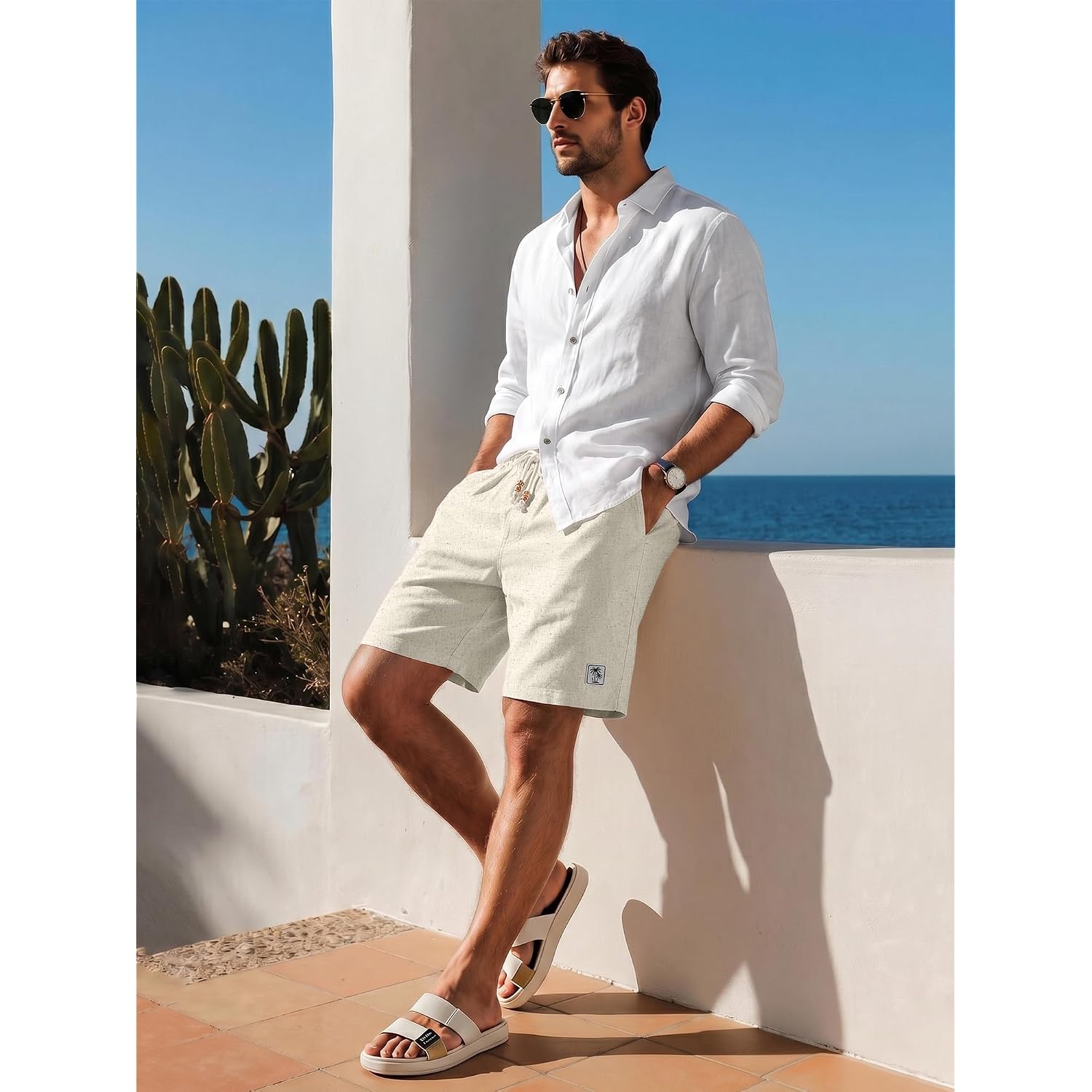 Jemldl Mens Cotton Linen Shorts 7 Inch Elastic Waist Drawstring Casual Vacation Summer Beach Golf Shorts With Pockets