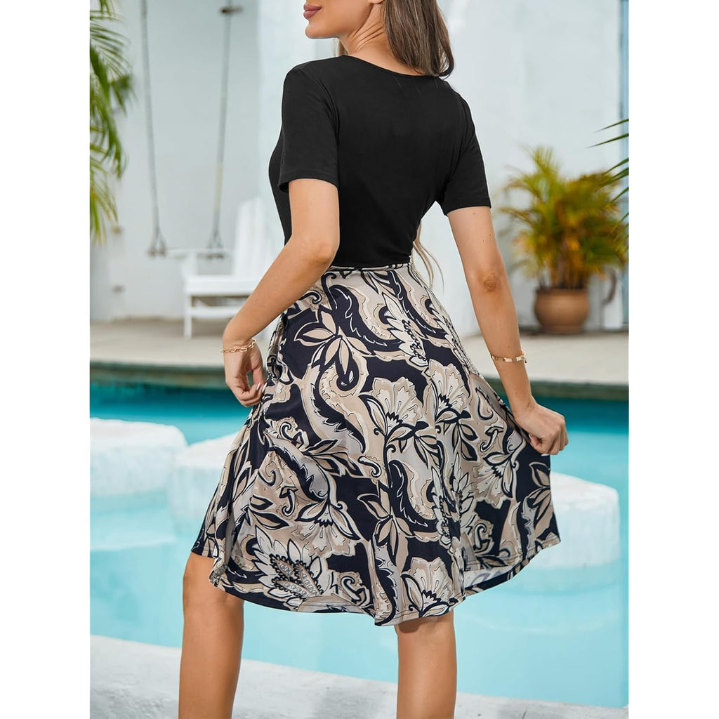 Women's Elegant Criss-Cross V Neck Vintage Short Sleeve Work Casual Fit and Flare Tea Dress with Pockets 980
