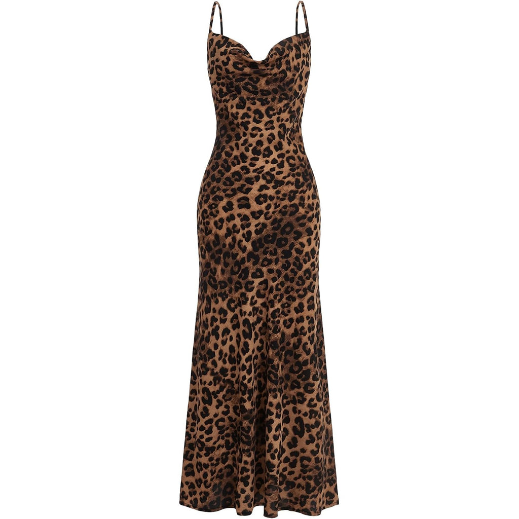 Floerns Women'S Leopard Print Draped Collar Spaghetti Strap Cami Long Dress