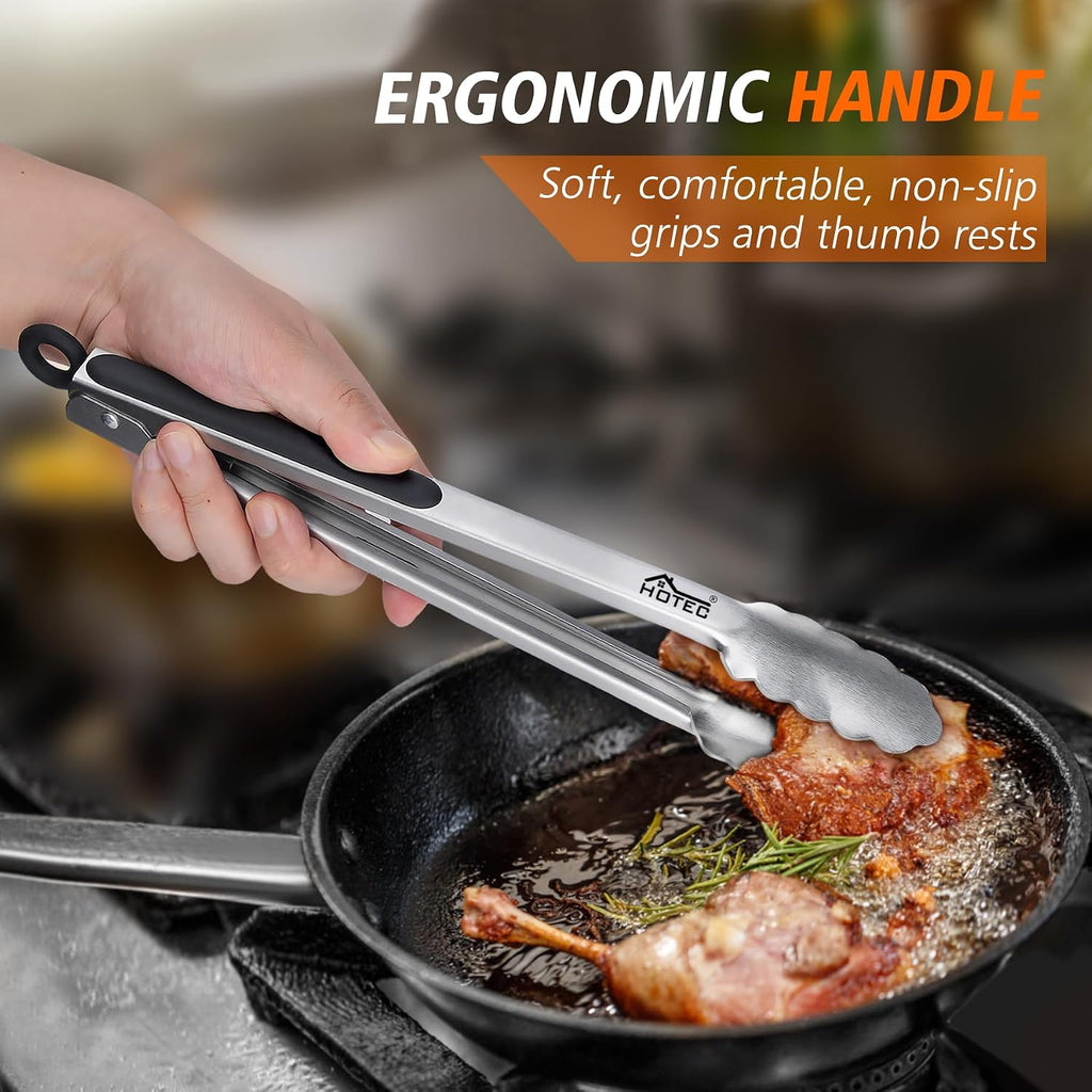 Hotec Stainless Steel Kitchen Tongs, Set Of 2-9" And 12", Locking Metal Food Tongs For Cooking, Serving, Bbq, Grill Non-Slip Grip